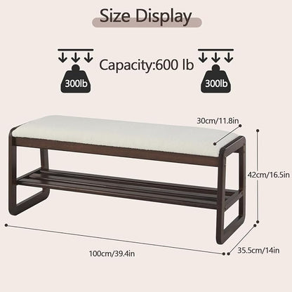 Achicsofar Shoe Rack Bench,2 Tier Solid Wooden Entryway Bench with Shoe Storage, Shoe Rack with Cushion for Living Room, Hallway(Cream White, 39.4")