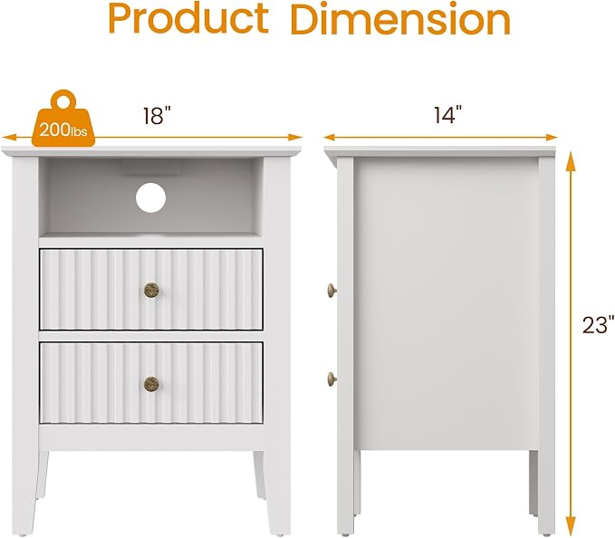 RoyalCraft Fluted Nightstand Set of 2 with Charging Station, White End Table with 2 Silent Slide Drawers & Storage Shelf, Modern Side Table, Wood Night Stand Cabinet for Bedroom