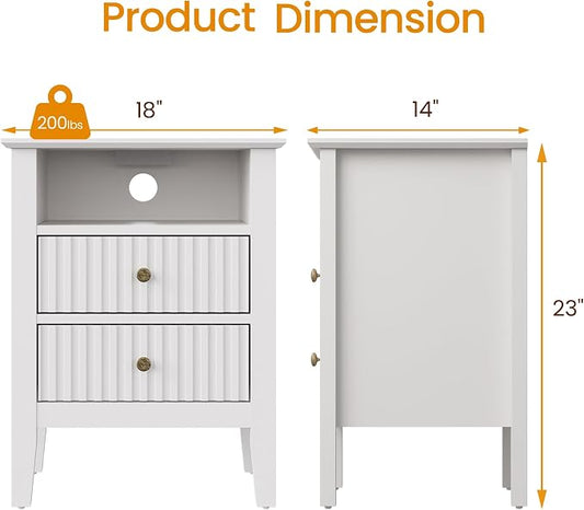RoyalCraft Fluted Nightstand Set of 2 with Charging Station, White End Table with 2 Silent Slide Drawers & Storage Shelf, Modern Side Table, Wood Night Stand Cabinet for Bedroom