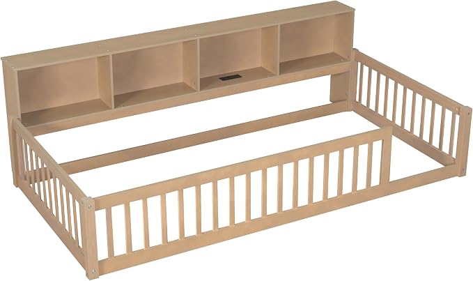 Bellemave Kids Montessori Floor Bed Twin XL Size,Floor Bed Frame with Bookcase and Charging Station for Kids Boys Girls