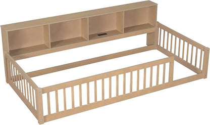 Bellemave Kids Montessori Floor Bed Twin XL Size,Floor Bed Frame with Bookcase and Charging Station for Kids Boys Girls