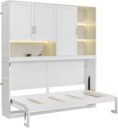 Ball & Cast Murphy Bed Twin Bed Frame with Top Cabinet,Hideaway Bedframe w/Shelves and Dual-Piston Metal Folding Mechanism,Space Saving Foldable Bed w/Light & USB,for Small Room,White