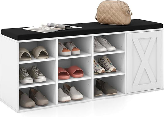 Tangkula Shoe Storage Bench with Padded Cushion, 3-Tier Entryway Bench with 9 Compartments, Adjustable Shelves, Closet, 9-Cube Shoe Organizer for Entryway, Hallway, Bedroom (White)