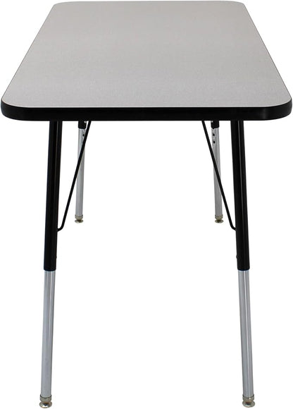 FDP Rectangle Activity School and Office Table (24 x 48 inch), Standard Legs with Swivel Glides, Adjustable Height 19-30 inches; Quick Ship Single Box - Gray Top and Black Edge