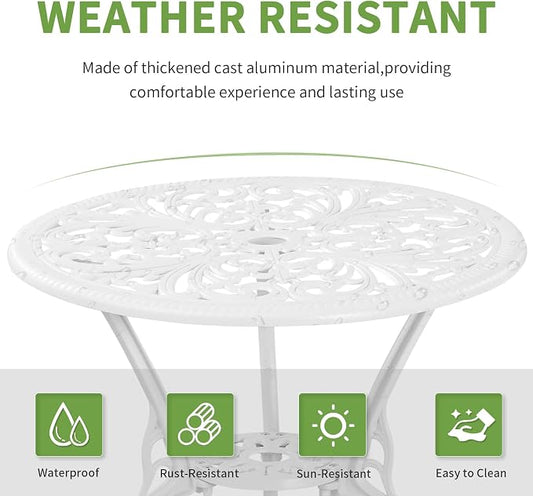 3 Piece Patio Set Outdoor Cast Aluminum Patio Bistro Table and Chairs Set of 2,All Weather Outdoor Bistro Sets with 1.97" Umbrella Hole for Front Porch Set,Garden(White)
