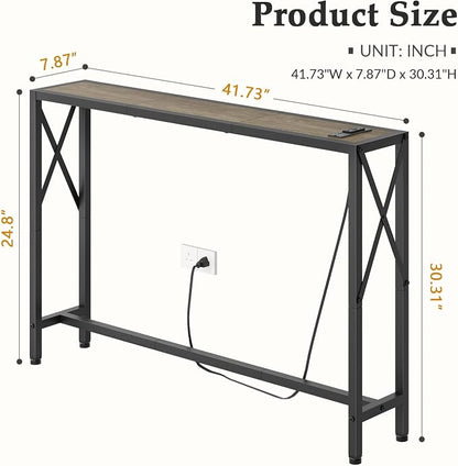 Gewudraw 41.7" Console Table, Narrow Behind The Couch Table with Outlet, Industrial Skinny Sofa Table for Hallway, Entryway, Living Room,Walnut