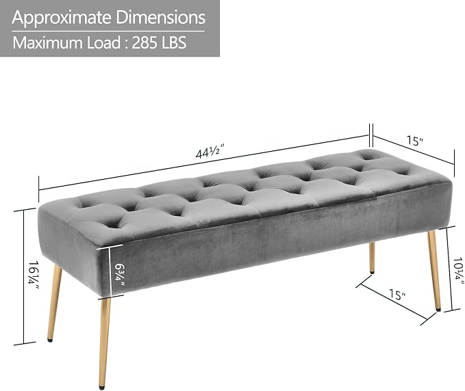 DUHOME Modern Velvet Ottoman Bench, Button-Tufted Upholstered Bedroom Benches,End of Bed Bench with Gold Base for Entryway Living Room Dining Room, Grey
