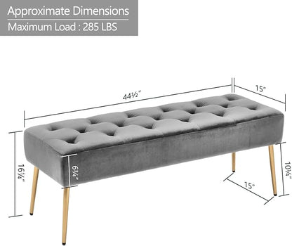 DUHOME Modern Velvet Ottoman Bench, Button-Tufted Upholstered Bedroom Benches,End of Bed Bench with Gold Base for Entryway Living Room Dining Room, Grey