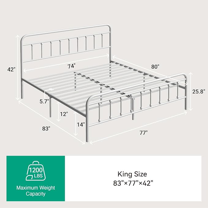 Novilla Metal King Size Bed Frame - Modern Minimalist Victorian Style with Headboard/Footboard, Heavy-Duty Steel Slats/Underbed Storage/No Box Spring Needed/Easy Assembly/Noise Free/White