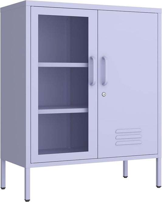 Purple Lockable Glass & Metal Door Storage Cabinet, 3-Tier Freestanding Locker Organizer with 2 Adjustable Shelves, Multipurpose Unit for Home, Entryway, Hallway, 33" H x 29.5" W x 13.8" D