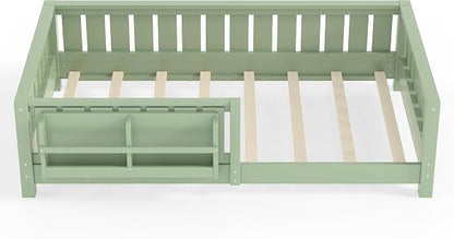 Bellemave Twin Floor Bed with Rails and Slats, Twin Size Montessori Floor Bed with Bookshelf and Fence, Easy Assemble Montessori Beds Frame for Girls, Boys, Avocado Green