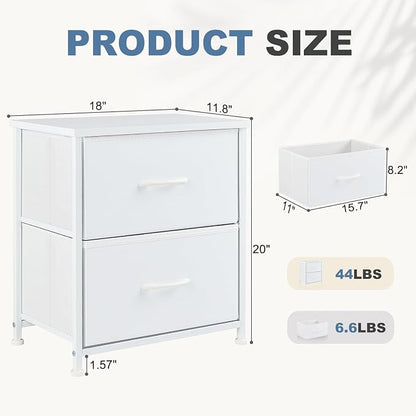 DUMOS Nightstand Small Dresser with 2 Fabric Drawers, Bedroom End Table | Kids Bedside Storage Furniture for 20 inch Tall Night Stand for Closet, Dorm, White