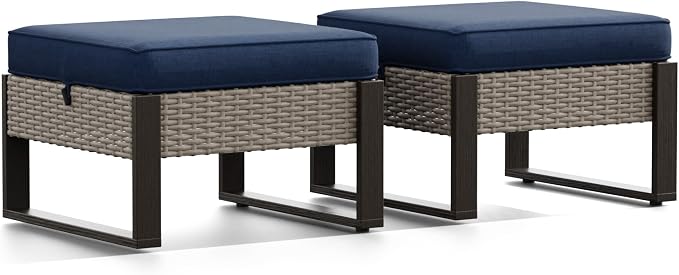 Joyside Outdoor Patio, All-Weather PE Rattan Ottomans Footstools with Removable Cushions & Anti-Rust Wood-Looking Legs for Garden, Backyard, Porch, Deck (Blue)