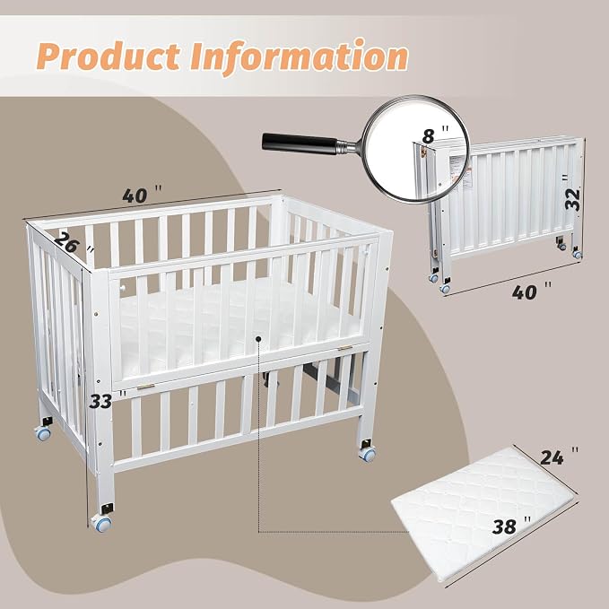 Flwrgirl Folding Wood Bedside Bassinet - Portable 4-in-1 Baby Bassinet with Breathable Mattress,3 Heights Baby Crib with Wheels,Mini Crib for Infant Newborn and Small Space,White
