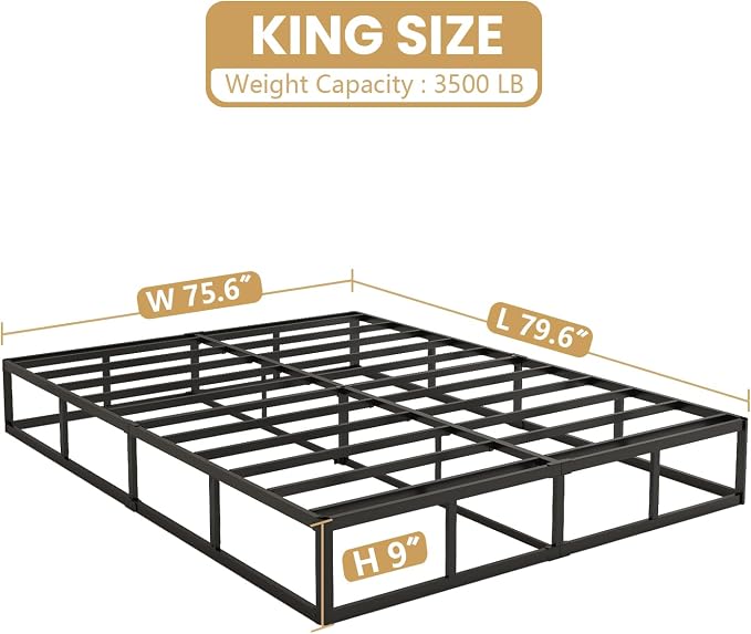 NHODIR 9 Inch Box Spring King Size Bed Base, Heavy Duty 3000LBS Metal Bed Foundation, Noise-Free & Tool-Free Easy Assembly,Mattress Support Base for King Bed