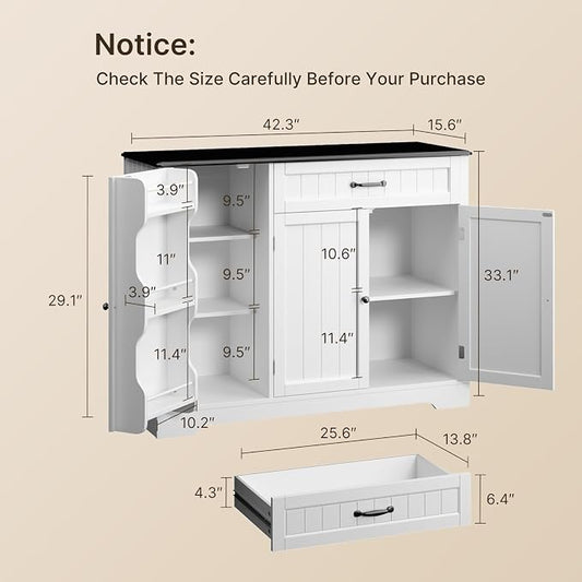 Gizoon Kitchen Coffee Bar Cabinet with Storage Kitchen Sideboard Buffet Cabinet with Drawers, Short Pantry with Door and Shelves for Bathroom and Living Room, White and Black, Painted