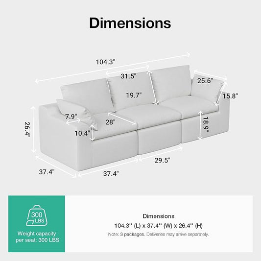Novilla 104.3" Modular Cloud Couch, Modern Sectional Sofa with Smarts Coil® Support, Chenille Fabric, Upholstered Couch for Living Room Apartments Bedroom, No Assembly, 3 Seater, White