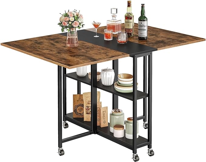 CHOEZON Folding Dining Table, Movable Dining Table, Expandable Kitchen Table, Versatile Table with 6 Wheels and 2-Tier Shelf, for Dining, Living Room, Apartment, Rustic Brown TCZ01BF