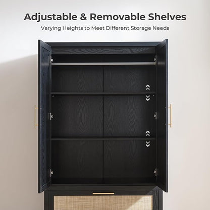SICOTAS Rattan Armoire Wardrobe Closet Cabinet, 71" Wardrobe Storage Cabinet with Doors, 2 Drawers and Hanging Rod, Boho Large-Capacity Deep Armoire Clothes Organizer for Bedroom, Black Oak