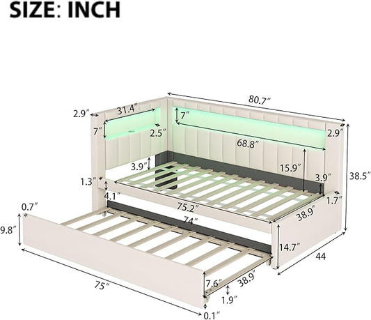 Merax Modern Upholstered Platform Bed Frame with USB Ports & Trundle Bed, Floor Sofa Day Bed, No Box Spring Needed/Easy Assemble/Twin,White