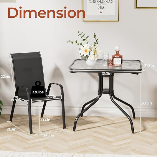 TLSUNNY Patio Dining Set 5 Pieces, All Weather Outdoor Furniture W/30"X 30" Table and 4 Stackable Textilene Chairs, Metal Table and Chairs for Lawn, Garden, Poolside, Backyard (Umbrella not Included)