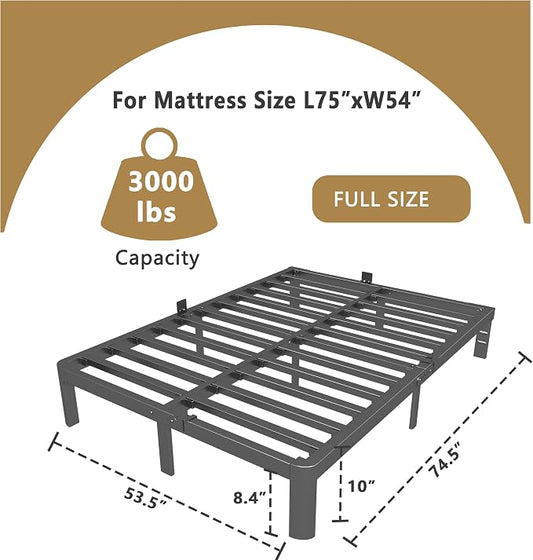 ITIMIDI 10 Inch Full Bed Frames, Platform Bed with Metal Gaskets, No Box Spring Needed, Heavy Duty Steel Slat Support, Anti-Slip Mattress Stopper, Round Corner Leg, Easy Assembly, Black