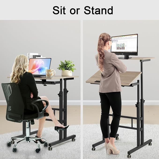 Hadulcet Mobile Standing Desk Adjustable Height with Charging Station | Standing Computer Desk, Standing Adjustable Laptop Cart with Wheels for Home Office Classroom Light Grey