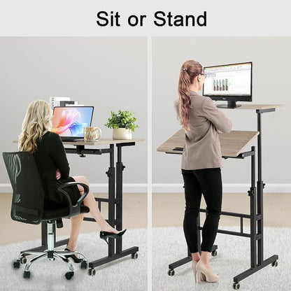 Hadulcet Mobile Standing Desk Adjustable Height with Charging Station | Standing Computer Desk, Standing Adjustable Laptop Cart with Wheels for Home Office Classroom Light Grey
