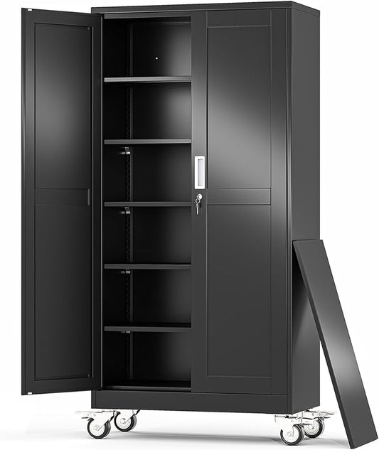 Metal Garage Storage Cabinet, 74”Tall Rolling Utility Cabinet Black | storage system with Wheels, Lock, 5 Adjustable Shelves, Heavy Duty Steel Tool Locker for Home Office, Utility Room, Gym