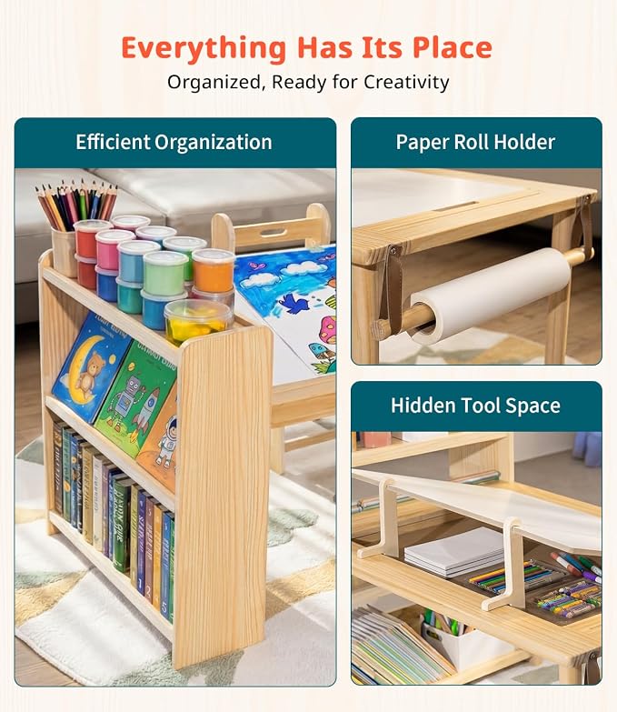 JOIN&JOY Kids Art Table and 2 Chair Set, Multifunctional Craft Table with Storage Shelves, Toddler Activity for Creativity, Drawing, Learning & Playtime