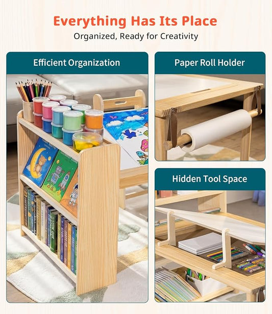 JOIN&JOY Kids Art Table and 2 Chair Set, Multifunctional Craft Table with Storage Shelves, Toddler Activity for Creativity, Drawing, Learning & Playtime