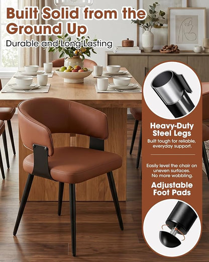 Dining Chairs Set of 6, Modern Upholstered PU Leather Kitchen & Dining Room Chairs with Curved Open Back Metal Legs, Kitchen Chairs for Dining Room Restaurant (Brown, Set of 6)