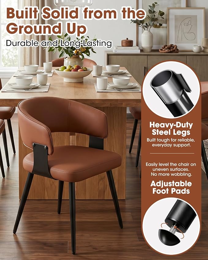 Dining Chairs Set of 4, Modern Upholstered PU Leather Kitchen & Dining Room Chairs with Curved Open Back Metal Legs, Kitchen Chairs for Dining Room Restaurant (Brown, Set of 4)