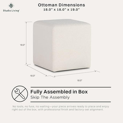 Studio Living Warren 18" Cube Ottoman, Urban Transitional, Fully Assembled, Soft Boucle Fabric, Snow