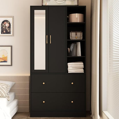 2 Door Wardrobe Armoire Closet with Mirror, 35.5" W Wooden Wardrobe Cabinet with Hanging Rod & 2 Drawers, Bedroom Armoire Dresser Clothes Organizer, Black