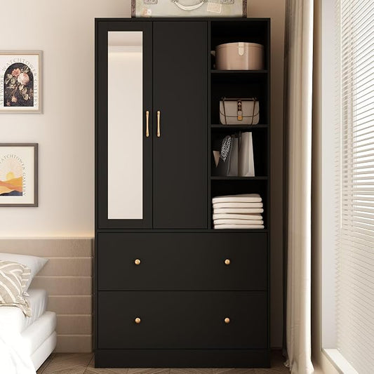 2 Door Wardrobe Armoire Closet with Mirror, 35.5" W Wooden Wardrobe Cabinet with Hanging Rod & 2 Drawers, Bedroom Armoire Dresser Clothes Organizer, Black