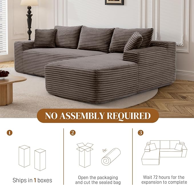 95" L Shaped Boneless Sectional Couches, Wide Armrest, Deep Seat, Memory Foam, Assembly Free, Modern Comfy Corduroy Fluffy Cloud Sofa with Right Chaise for Living Room, Small Spaces, Brown