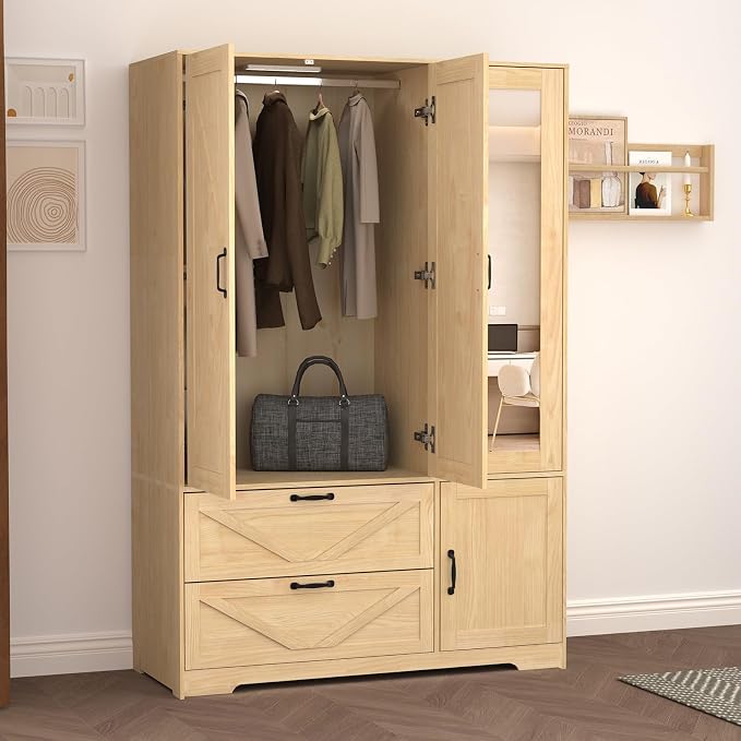 Armoire Wardrobe Closet with 3 Door, Bedroom Armoire with Mirror, LED Light, Hanging Rod, Drawers,Adjustable Shelves,Large Capacity Closet for Bedroom,47.2L,Natural