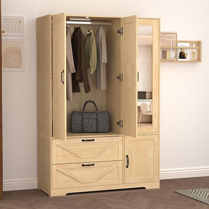 Armoire Wardrobe Closet with 3 Door, Bedroom Armoire with Mirror, LED Light, Hanging Rod, Drawers,Adjustable Shelves,Large Capacity Closet for Bedroom,47.2L,Natural