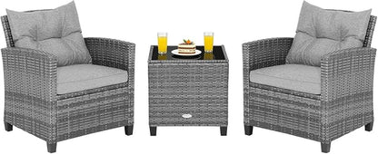 COSTWAY 3-Piece Patio Furniture Set, Outdoor Wicker Rattan Sofa with Cushions, Coffee Table with Tempered Glass, Conversation Sofa Set for Poolside Backyard Balcony (Grey)