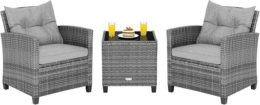 COSTWAY 3-Piece Patio Furniture Set, Outdoor Wicker Rattan Sofa with Cushions, Coffee Table with Tempered Glass, Conversation Sofa Set for Poolside Backyard Balcony (Grey)