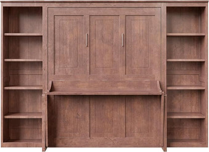 MERITLINE Full Murphy Bed with Desk and Storage Shelves, Solid Wood Vertical Murphy Wall Bed Cabinet with Storage Bookshelves Bookcase for Living Room, Guest Room (Full,Dark Brown)