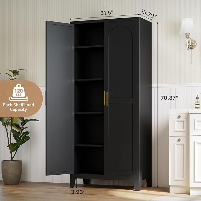 Zevemomo 70.87" H Metal Kitchen Pantry Cabinet, Freestanding Cupboard with 2 Doors and 4 Adjustable Shelves, Tall Metal Storage Cabinet for Kitchen, Bathroom, Dinning Room or Laundry Room （Black）