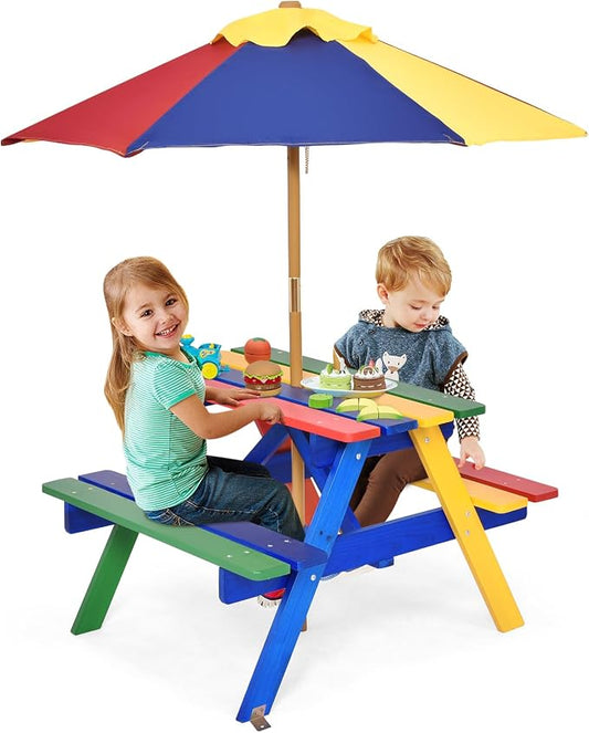 Costzon Kids Picnic Table, Fir Wood Kids Outdoor Table and Chairs with Removable Umbrella, Toddler Picnic Table for Patio, Backyard, Garden (Multicolor)