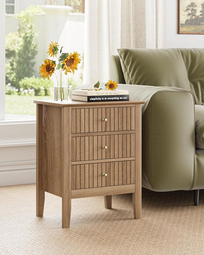 Fluted Nightstand, Vintage Night Stand with 3 Drawers, Mid Century Modern Side Accent Table,Bedside End Table for Bedroom, Living Room, Natural