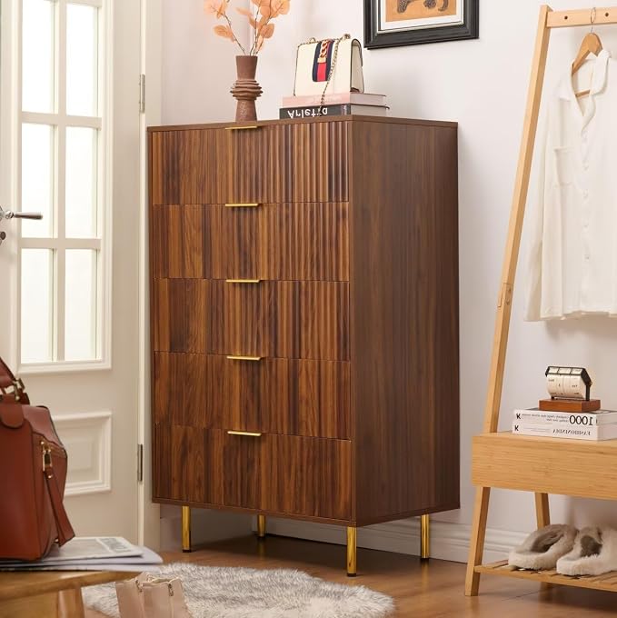 48" Tall Dresser for Bedroom with 5 Drawers, Mid Century Modern Wood Chest of Drawers, 30" Wide Fluted Closet Clothes Storage Organizer Dressers for Living Room, Hallway, Dark Walnut