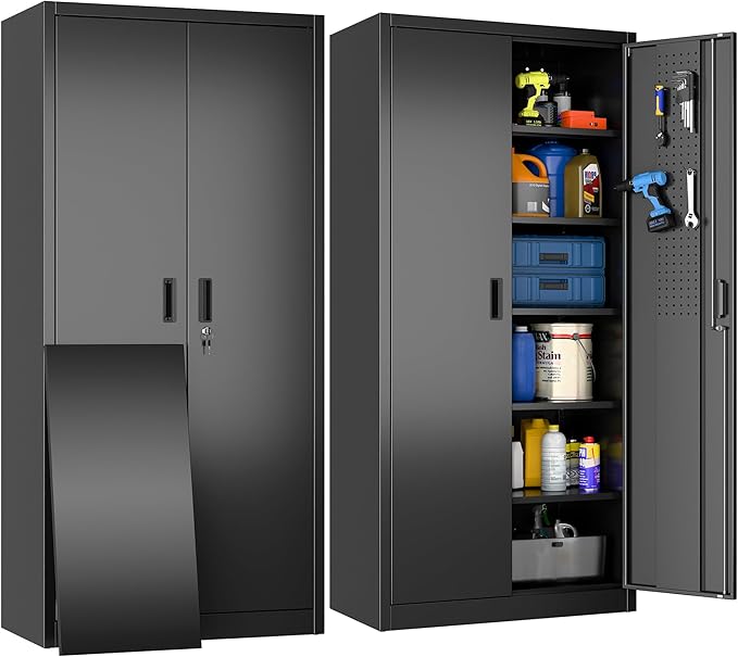 SUXXAN Metal Storage Cabinet with Pegboard 71'' x 34'' x 18'',Lockable Steel Storage Cabinet with 5 Adjustable Shelves and Door for Garage, Office, Kitchen, Assembly Required(Black)