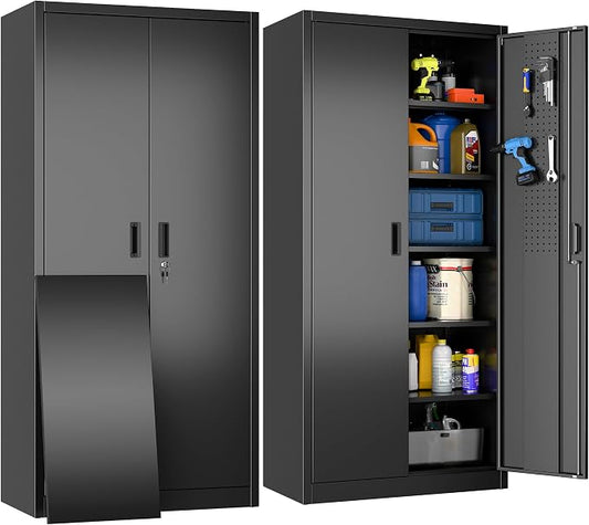 Metal Storage Cabinets with 2 Doors and 5 Adjustable Shelves, 71" H Lockable Garage Storage Cabinet with Pegboard and Hooks, File Cabinet with Lock for Office, Home, Garage, Black