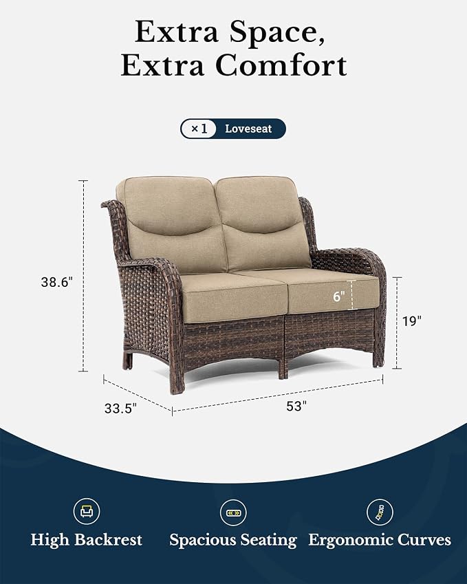 HILLGA Luxury Outdoor Furniture High Back Patio Sofa, Oversized Loveseat with 6'' Thick Cushions, Ideal for Porch, Poolside, Deck, and Yard (Beige)