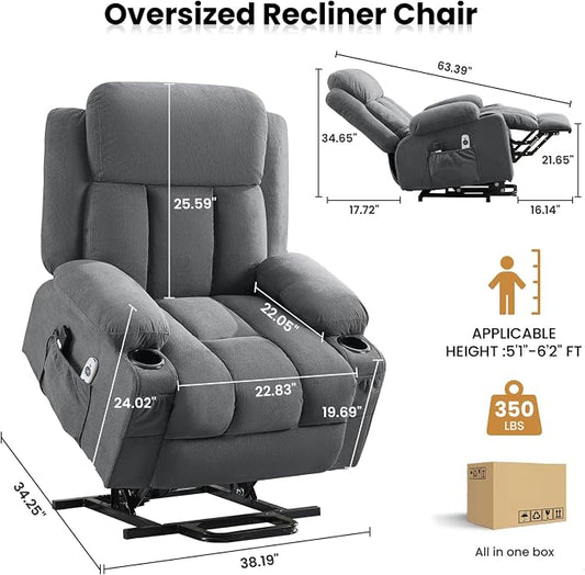 MAHOMICO Power Lift Recliner Chair for Elderly with Vibration Massage and Lumbar Heating Electric Oversized Single Sofa with Cup Holder and USB Charge Port for Living Room